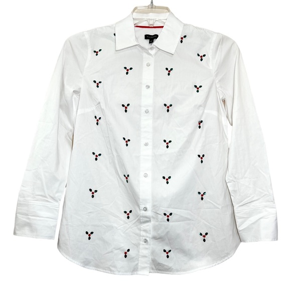 NWT Talbots white button down top Christmas holiday holly mistletoe sequin sz XS - Picture 5 of 12